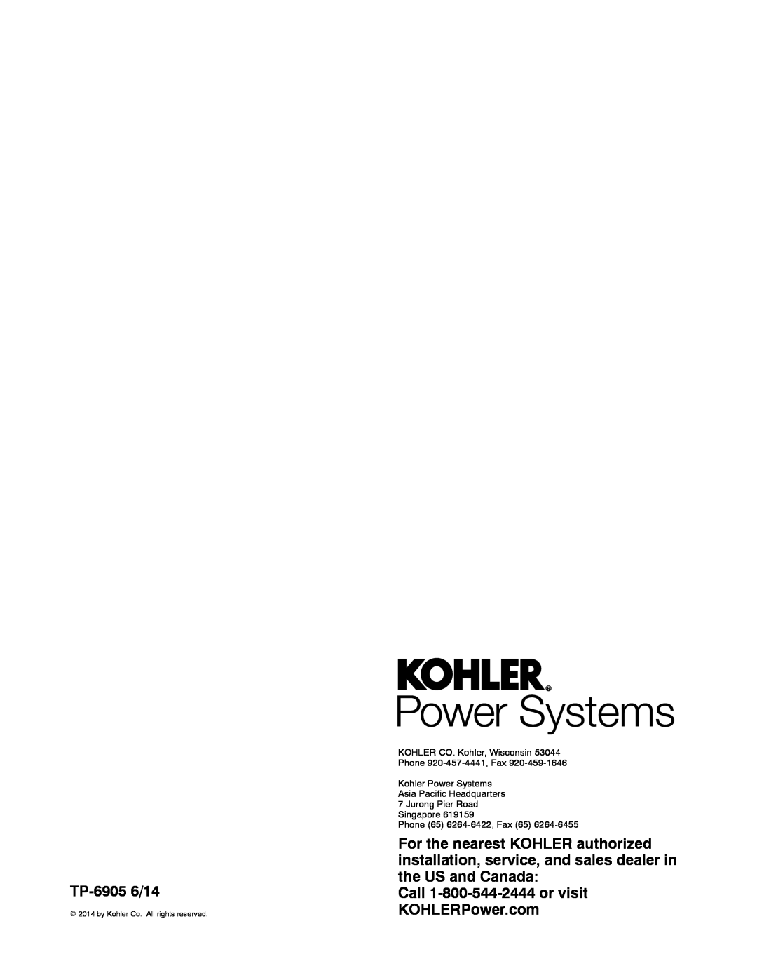 Kohler 24RCL manual Call 1-800-544-2444or visit KOHLERPower.com, TP-69056/14, KOHLER CO. Kohler, Wisconsin 