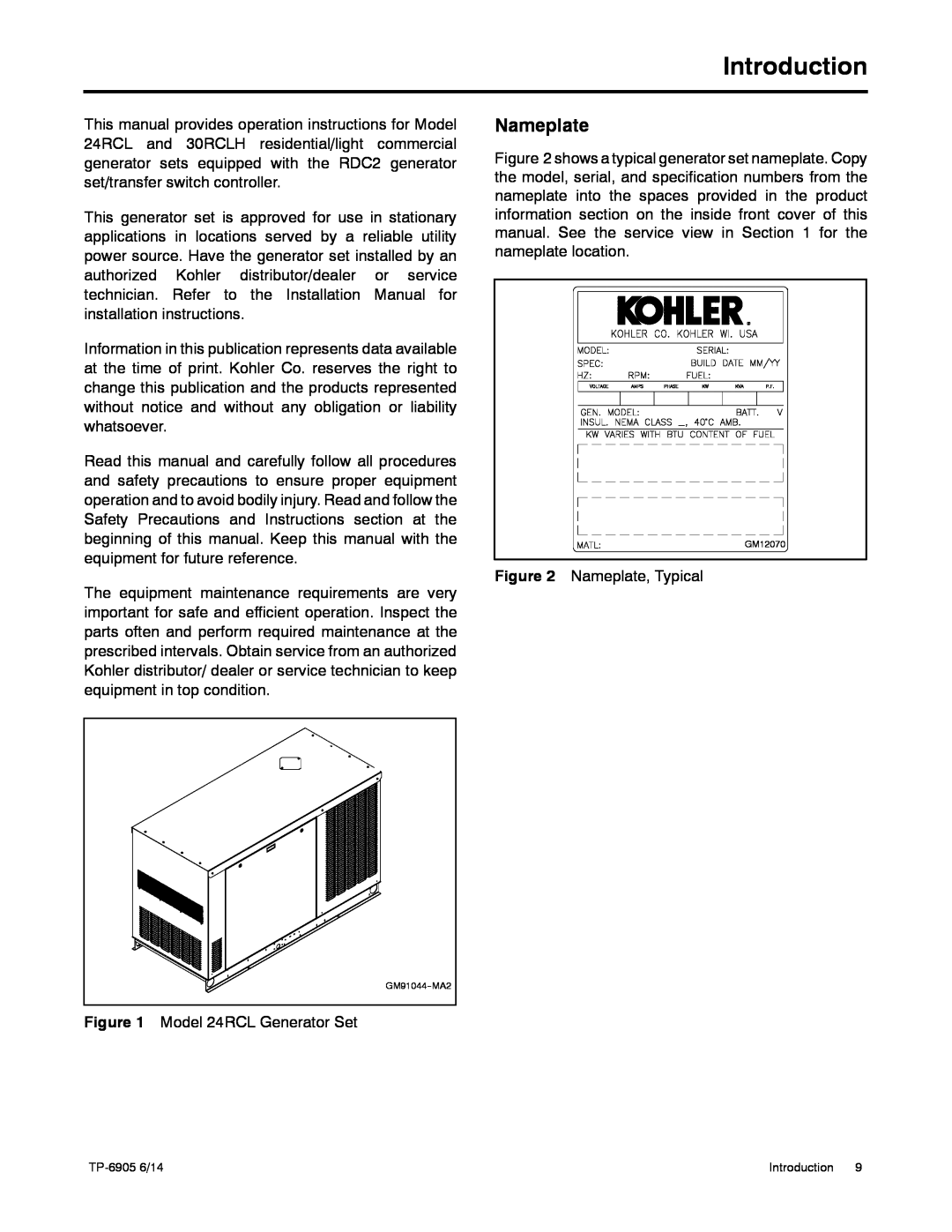 Kohler 24RCL manual Introduction, Nameplate 