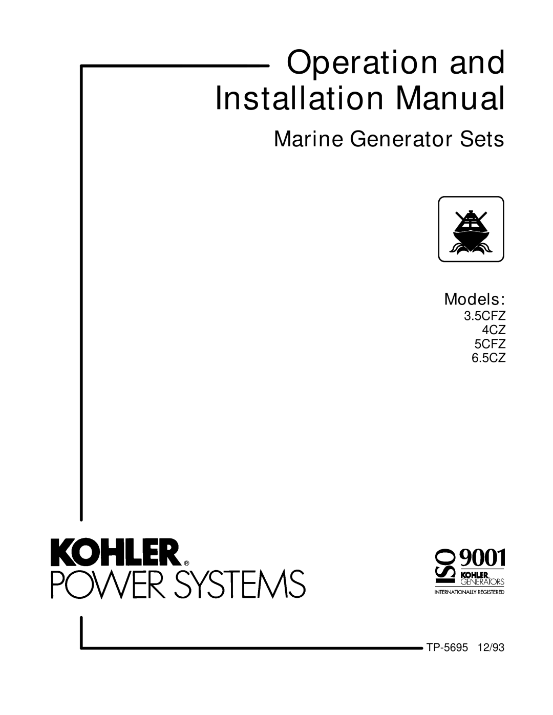 Kohler 3.5CFZ, 4CZ, 5CFZ, 6.5CZ installation manual Marine Generator Sets, Models 