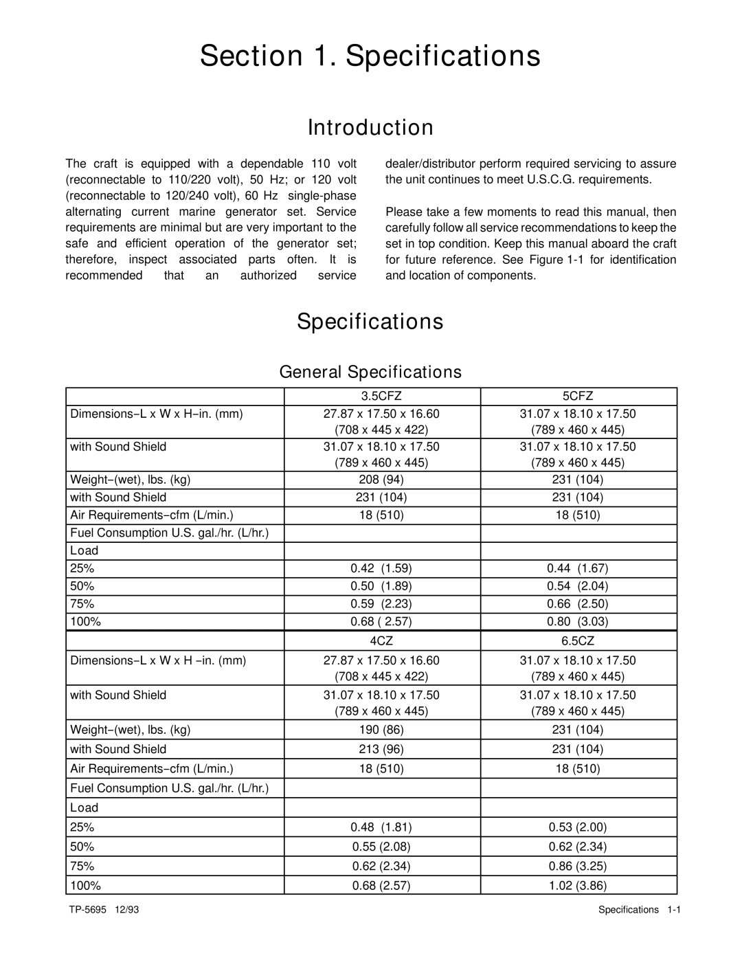 Kohler 3.5CFZ, 4CZ, 5CFZ, 6.5CZ installation manual Introduction, General Specifications 