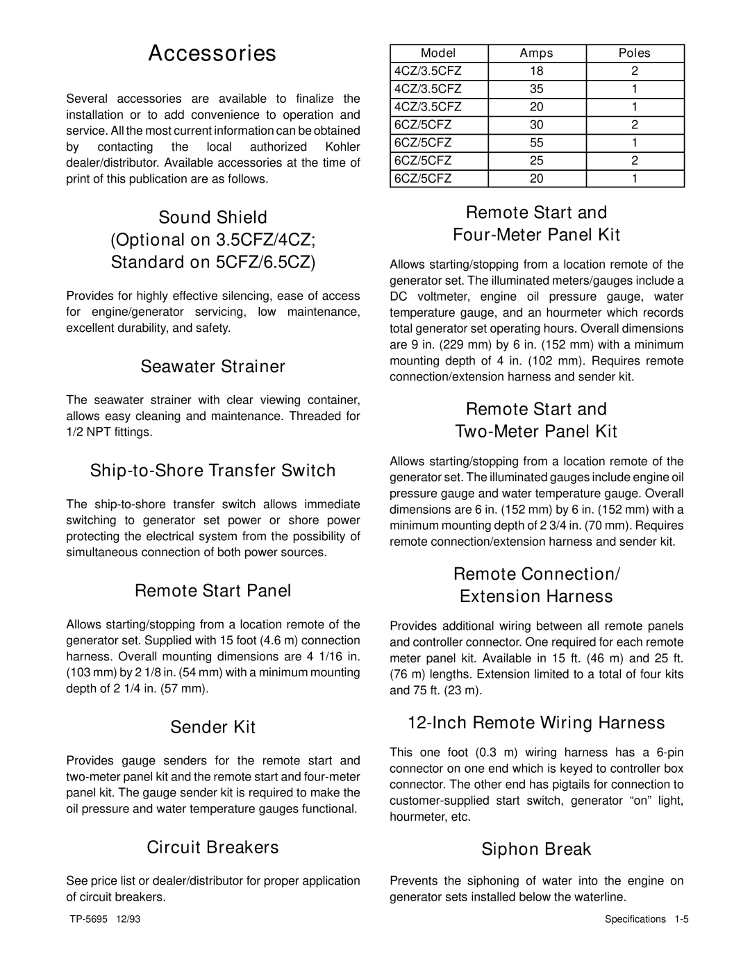 Kohler 3.5CFZ, 4CZ, 5CFZ, 6.5CZ installation manual Accessories 