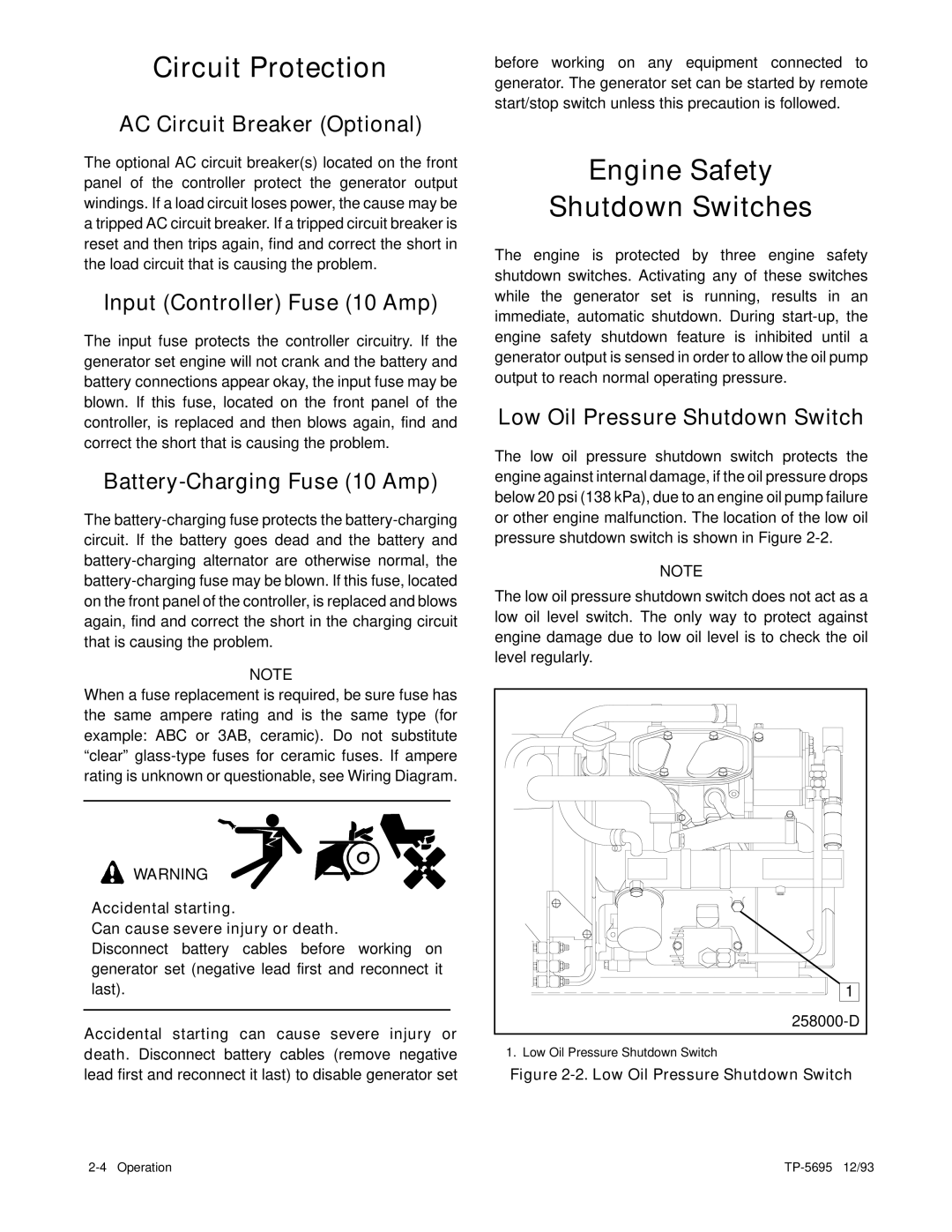 Kohler 3.5CFZ, 4CZ, 5CFZ, 6.5CZ installation manual Circuit Protection, Engine Safety Shutdown Switches 