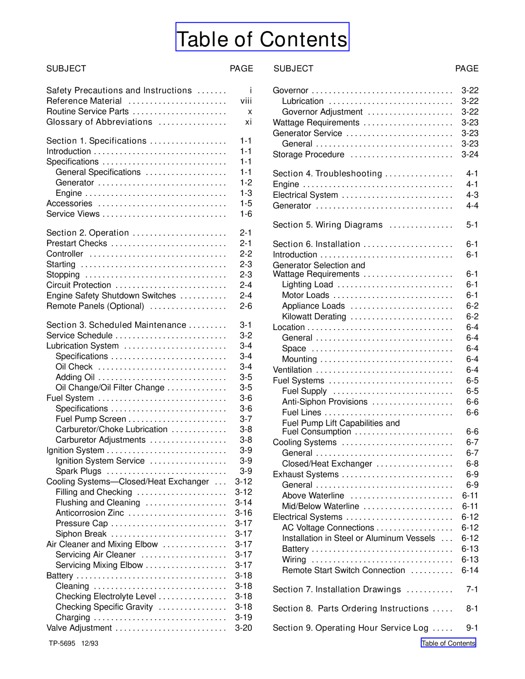 Kohler 3.5CFZ, 4CZ, 5CFZ, 6.5CZ installation manual Table of Contents 