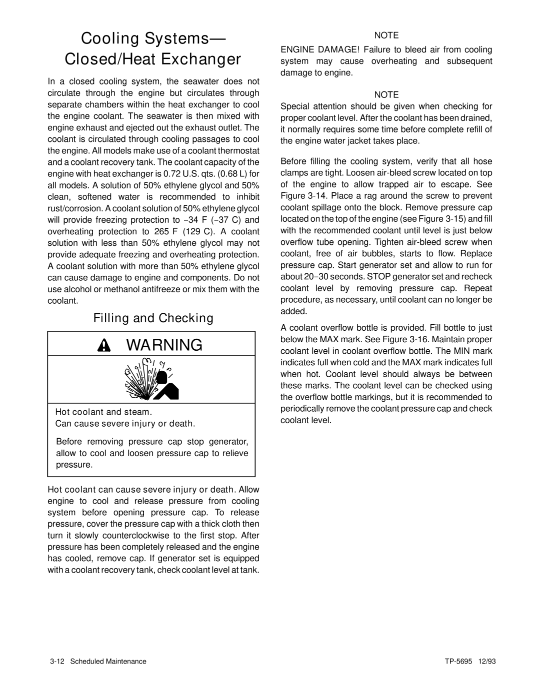 Kohler 3.5CFZ, 4CZ, 5CFZ, 6.5CZ installation manual Cooling Systems- Closed/Heat Exchanger, Filling and Checking 