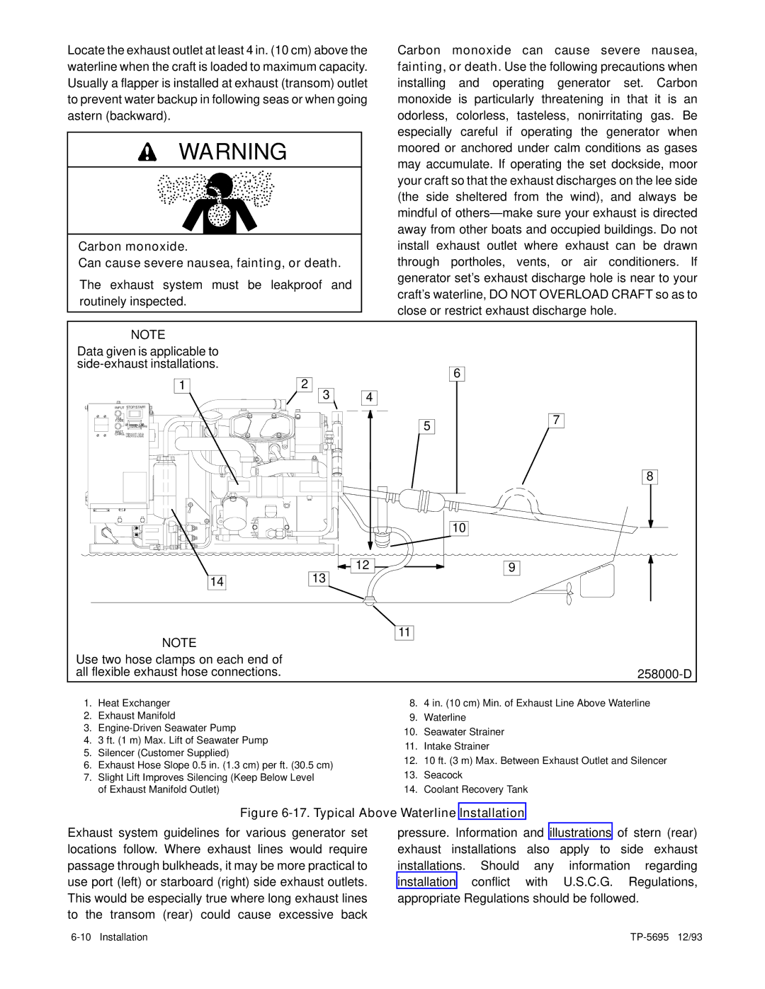 Kohler 3.5CFZ, 4CZ, 5CFZ, 6.5CZ installation manual Carbon monoxide, Typical Above Waterline Installation 