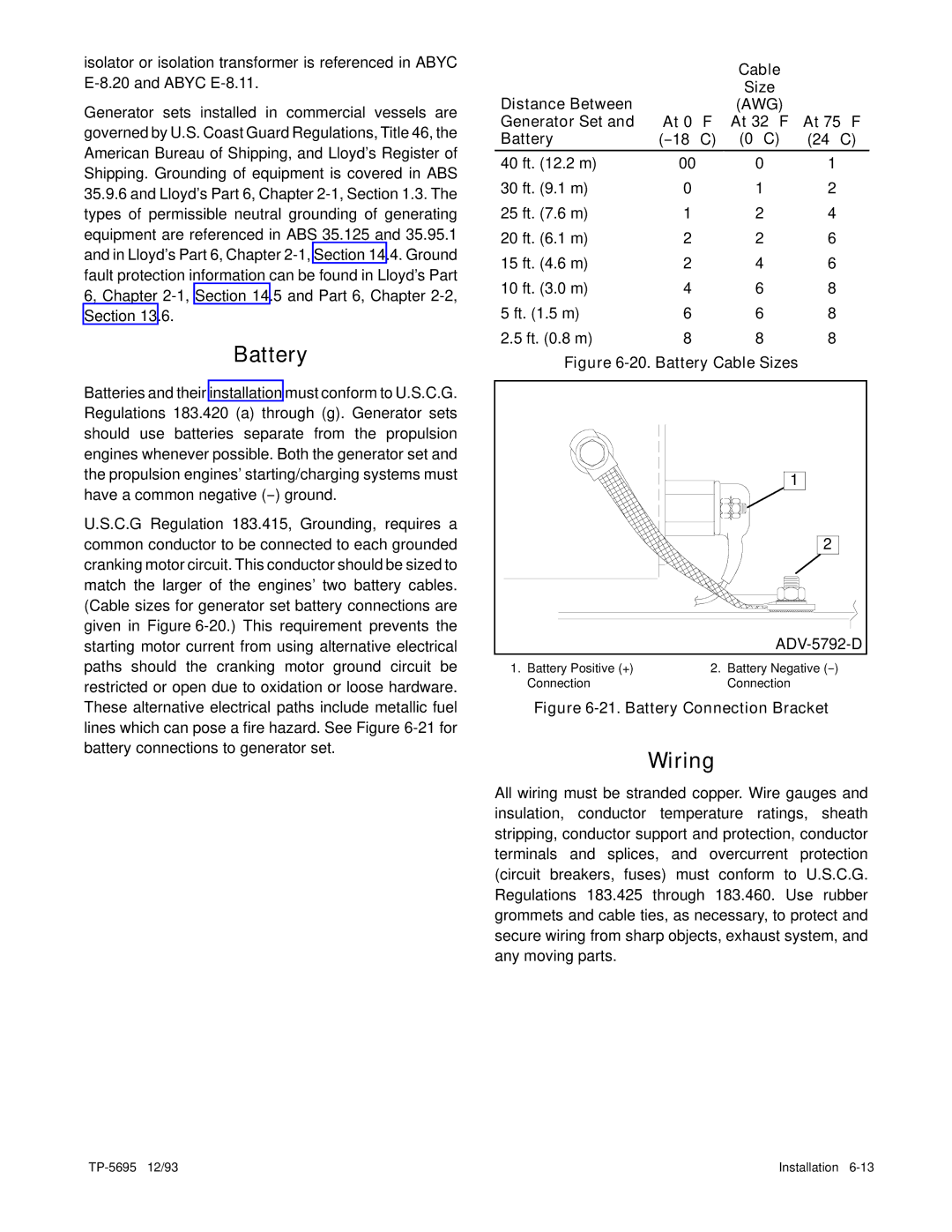 Kohler 3.5CFZ, 4CZ, 5CFZ, 6.5CZ installation manual Battery, Wiring 