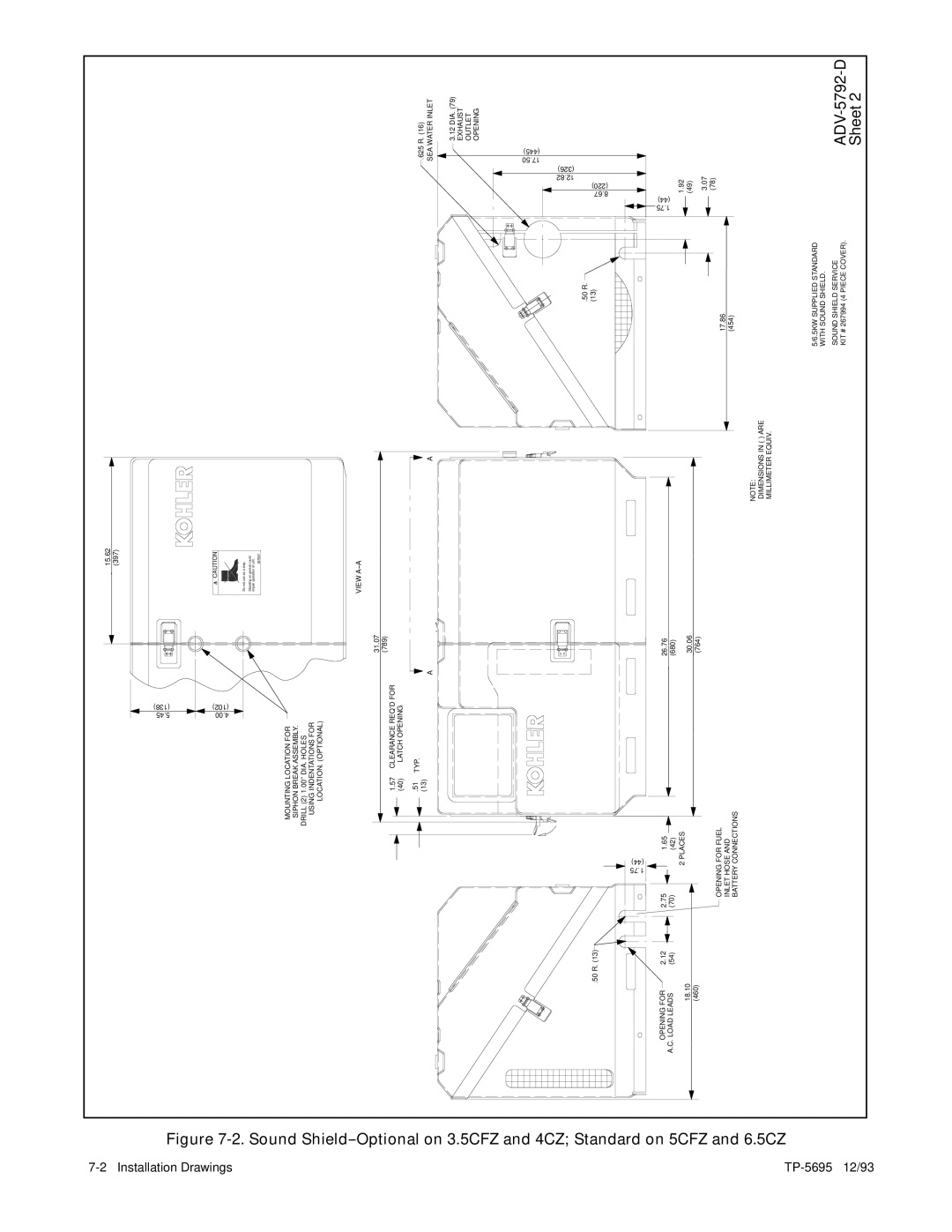 Kohler 3.5CFZ, 4CZ, 5CFZ, 6.5CZ installation manual Sound Shield--Optional on 3.5CFZ and 4CZ, Standard on 5CFZ and 6.5CZ 