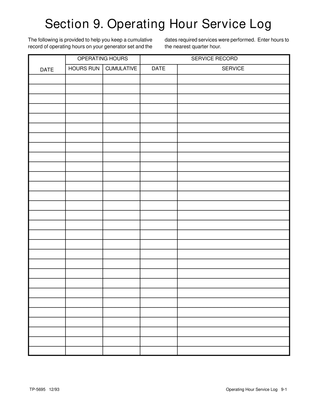 Kohler 3.5CFZ, 4CZ, 5CFZ, 6.5CZ installation manual Operating Hour Service Log 