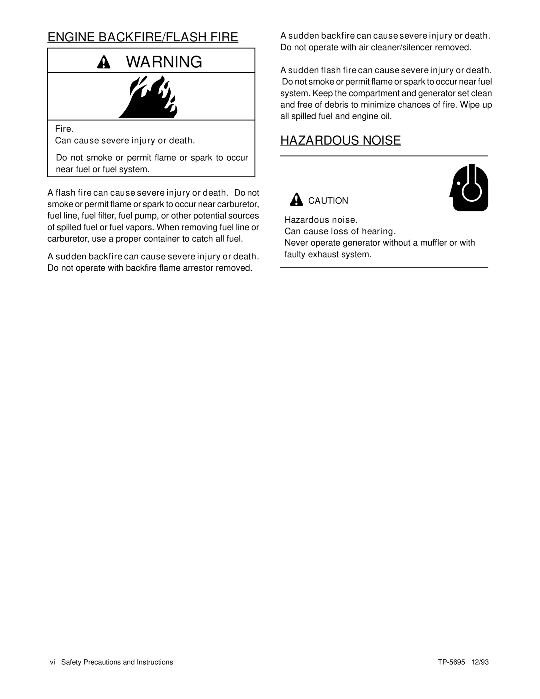 Kohler 3.5CFZ, 4CZ, 5CFZ, 6.5CZ Fire Can cause severe injury or death, Sudden backfire can cause severe injury or death 