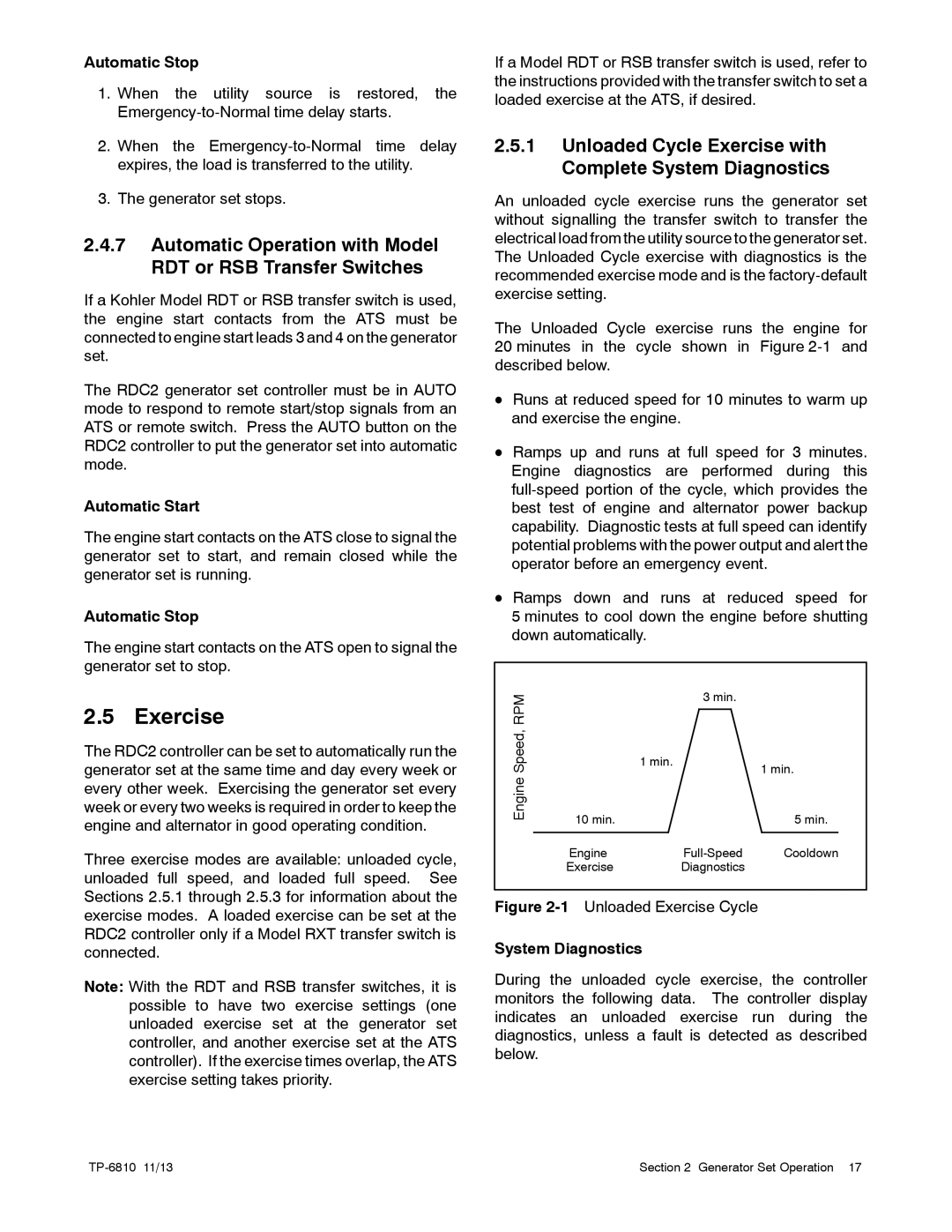 Kohler 60RCL Exercise, Automatic Operation with Model RDT or RSB Transfer Switches, Automatic Stop, System Diagnostics 