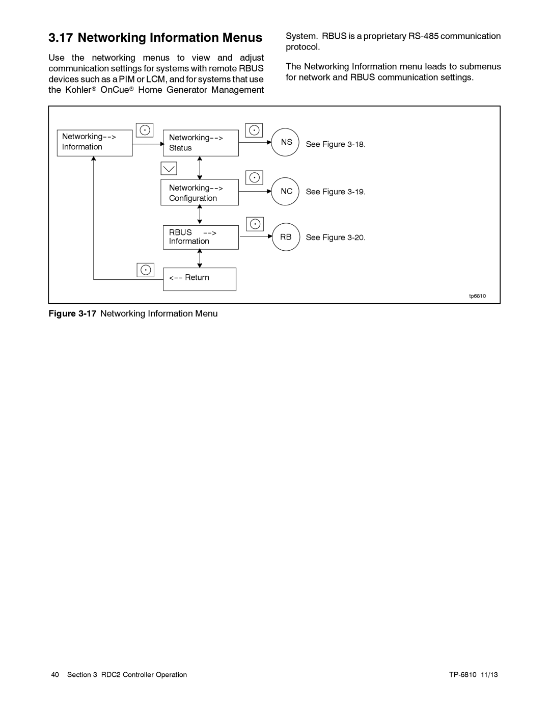 Kohler 48RCL, 38RCL, 60RCL manual Networking Information Menus, 17Networking Information Menu 