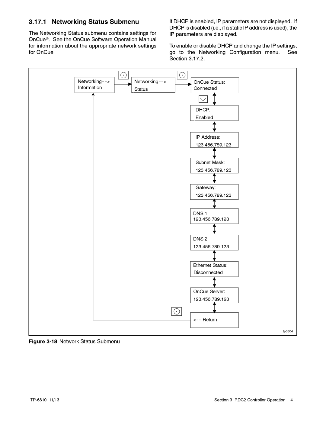 Kohler 60RCL, 38RCL, 48RCL manual Networking Status Submenu, Dhcp 