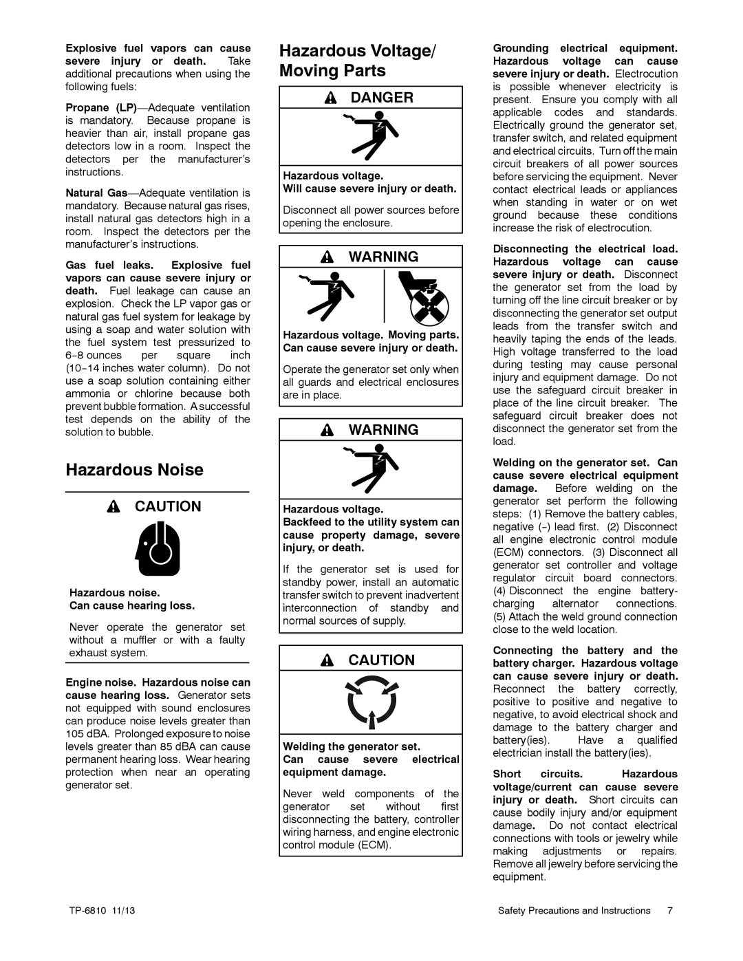 Kohler 48RCL Hazardous Noise, Hazardous noise Can cause hearing loss, Hazardous voltage Will cause severe injury or death 