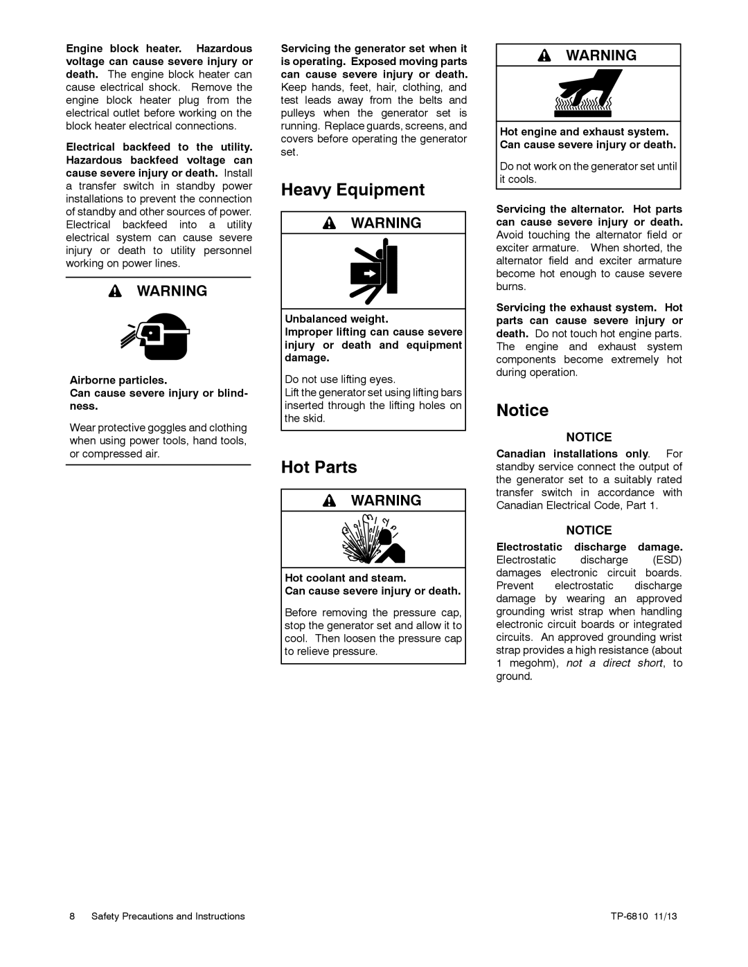 Kohler 60RCL, 38RCL, 48RCL manual Heavy Equipment, Hot Parts, Hot coolant and steam Can cause severe injury or death 