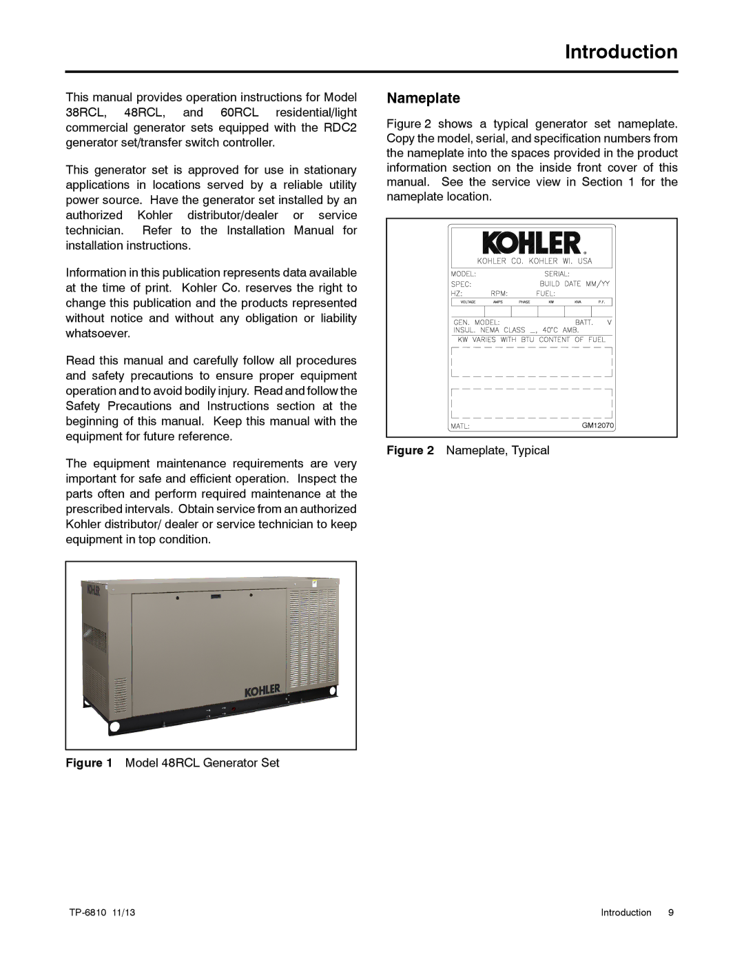 Kohler 38RCL, 48RCL, 60RCL manual Introduction, Nameplate 