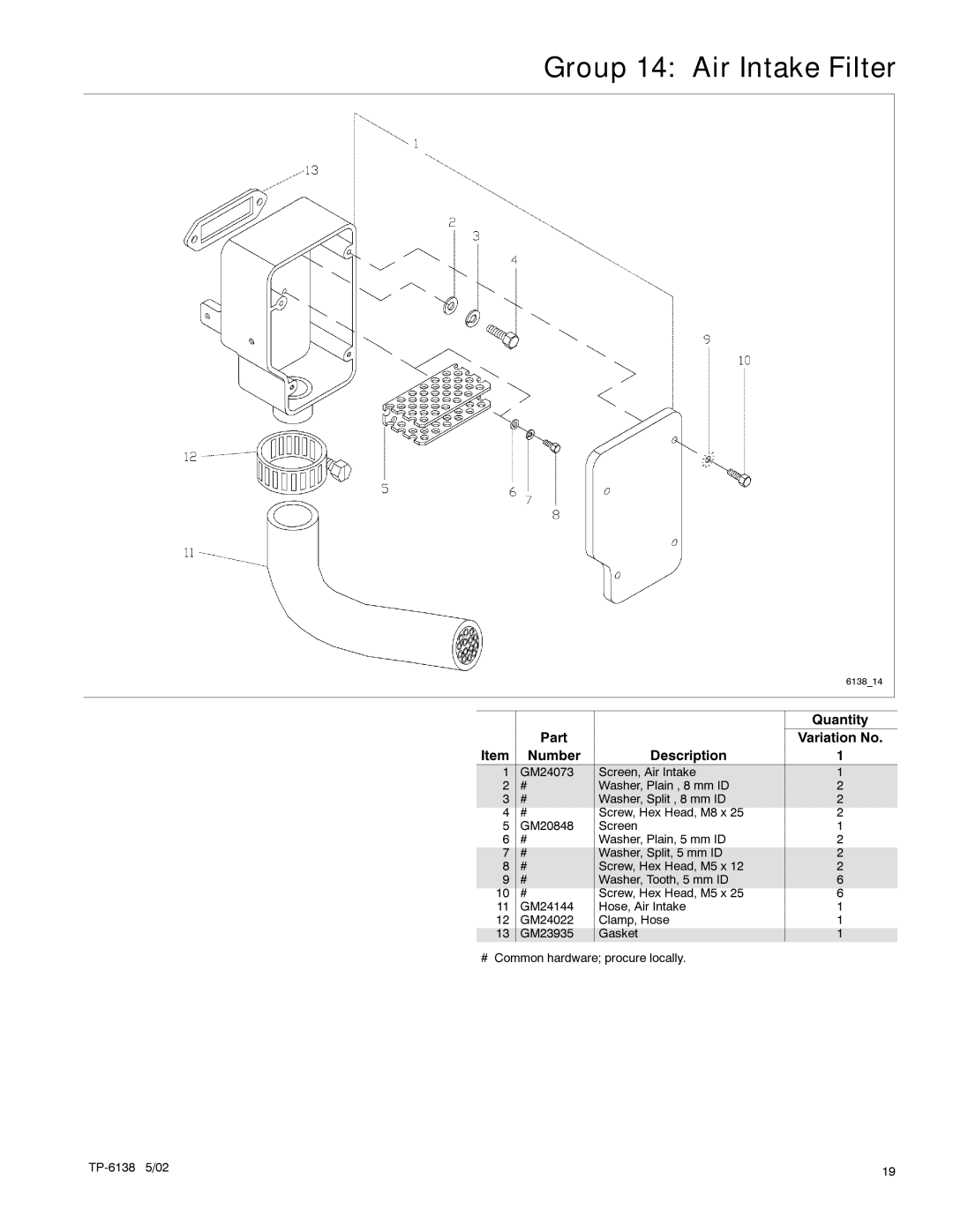 Kohler 3.5EFOZ, 4EOZ manual Group 14 Air Intake Filter 