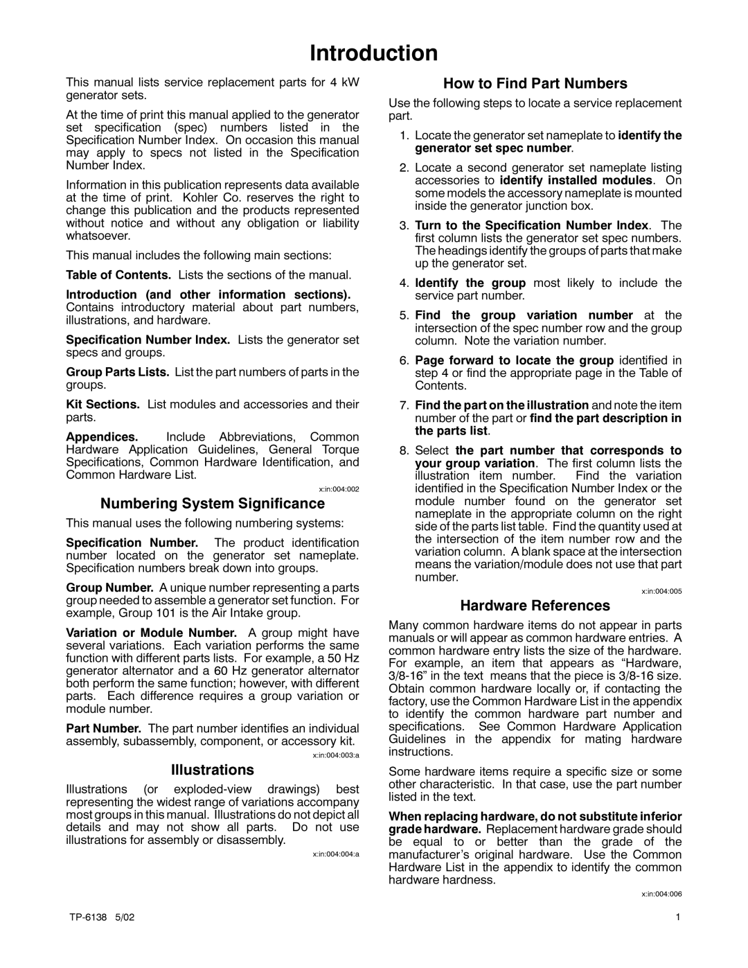 Kohler 3.5EFOZ, 4EOZ manual Introduction, Numbering System Significance 