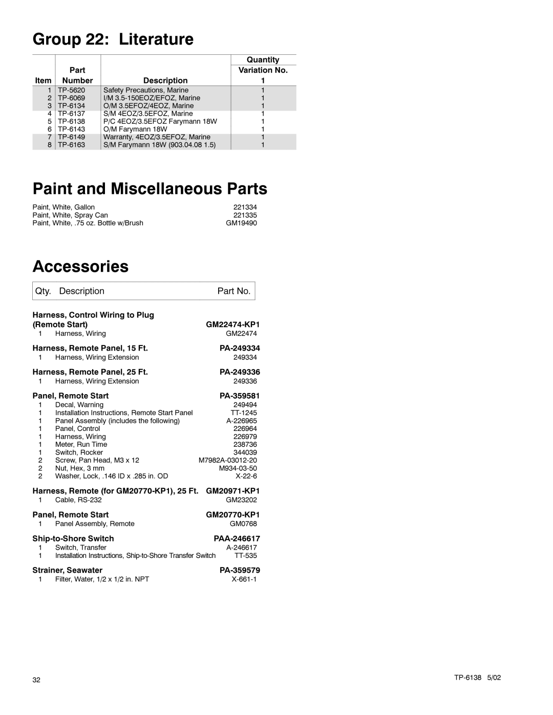 Kohler 4EOZ, 3.5EFOZ manual Group 22 Literature, Paint and Miscellaneous Parts, Accessories 