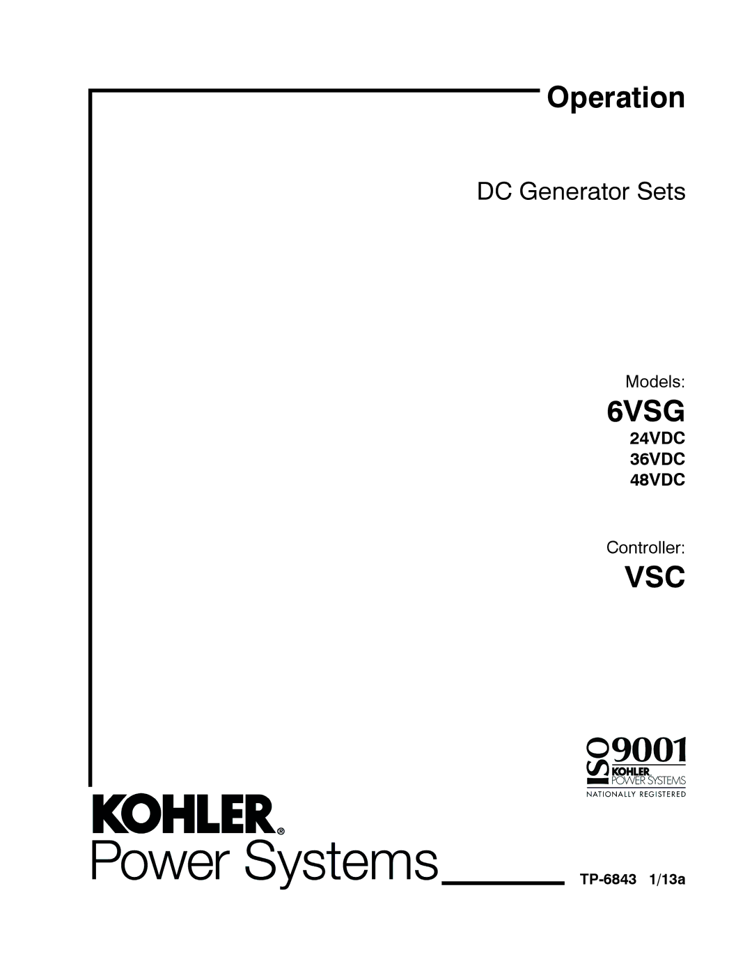 Kohler 24VDC, 6VSG, 36VDC, 48VDC manual Vsc, TP-6843 1/13a 