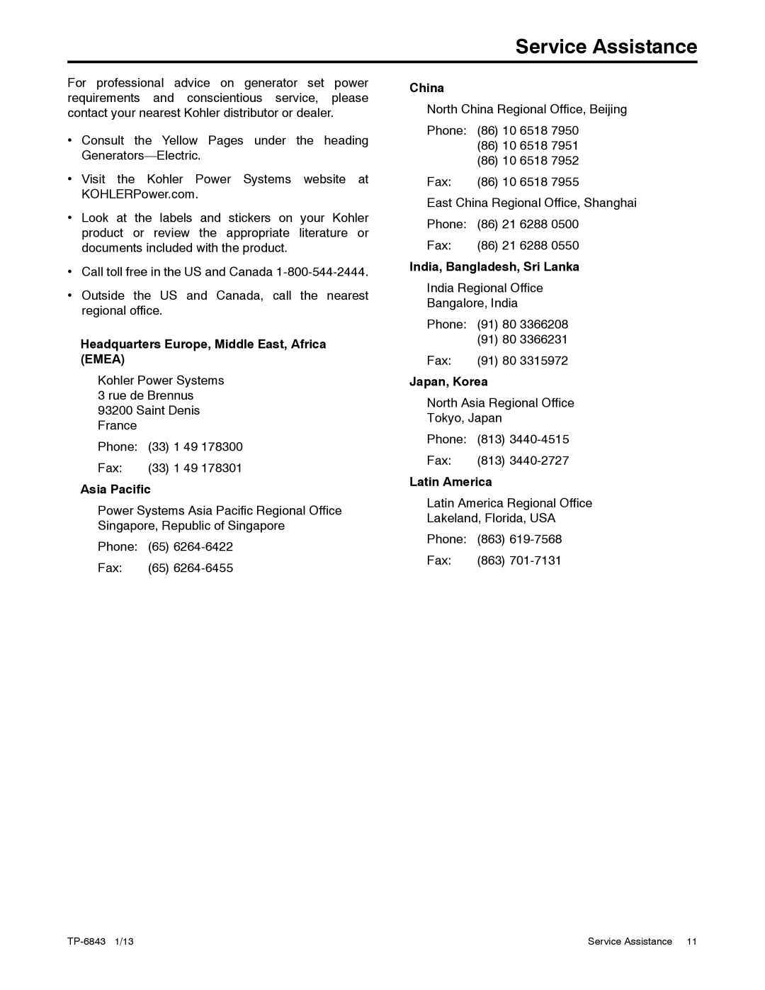 Kohler 48VDC, 6VSG, 24VDC, 36VDC manual Service Assistance 