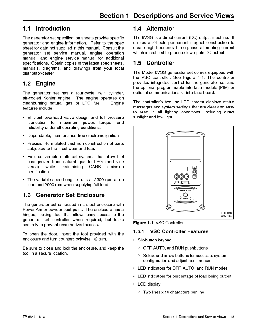 Kohler 24VDC, 6VSG Descriptions and Service Views, Introduction Engine, Generator Set Enclosure, Alternator, Controller 