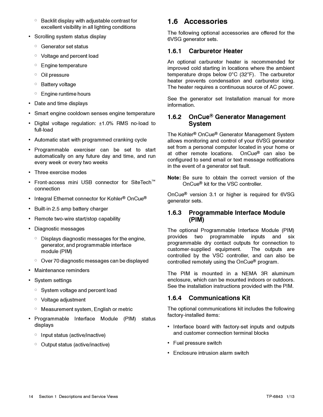 Kohler 36VDC, 6VSG Accessories, Carburetor Heater, OnCue Generator Management System, Programmable Interface Module PIM 