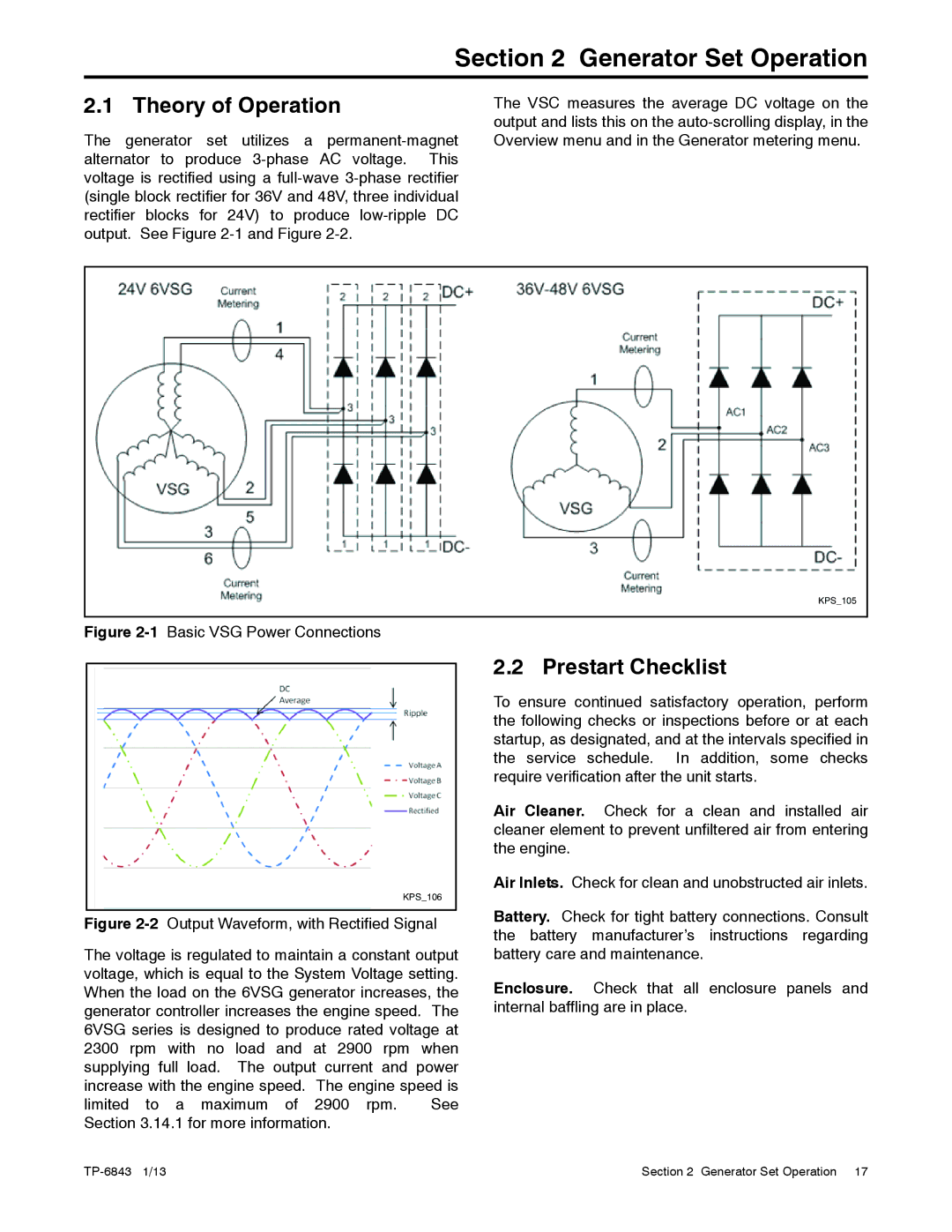 Kohler 24VDC, 6VSG, 36VDC, 48VDC manual Generator Set Operation, Theory of Operation, Prestart Checklist 
