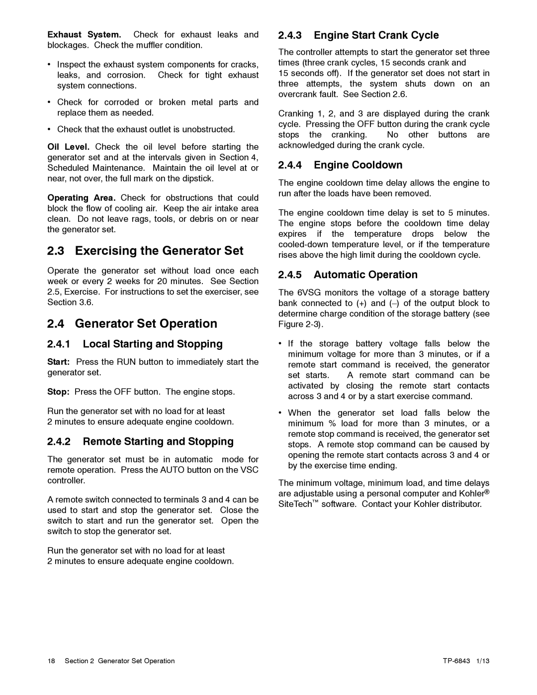 Kohler 36VDC, 6VSG, 24VDC, 48VDC manual Exercising the Generator Set, Generator Set Operation 