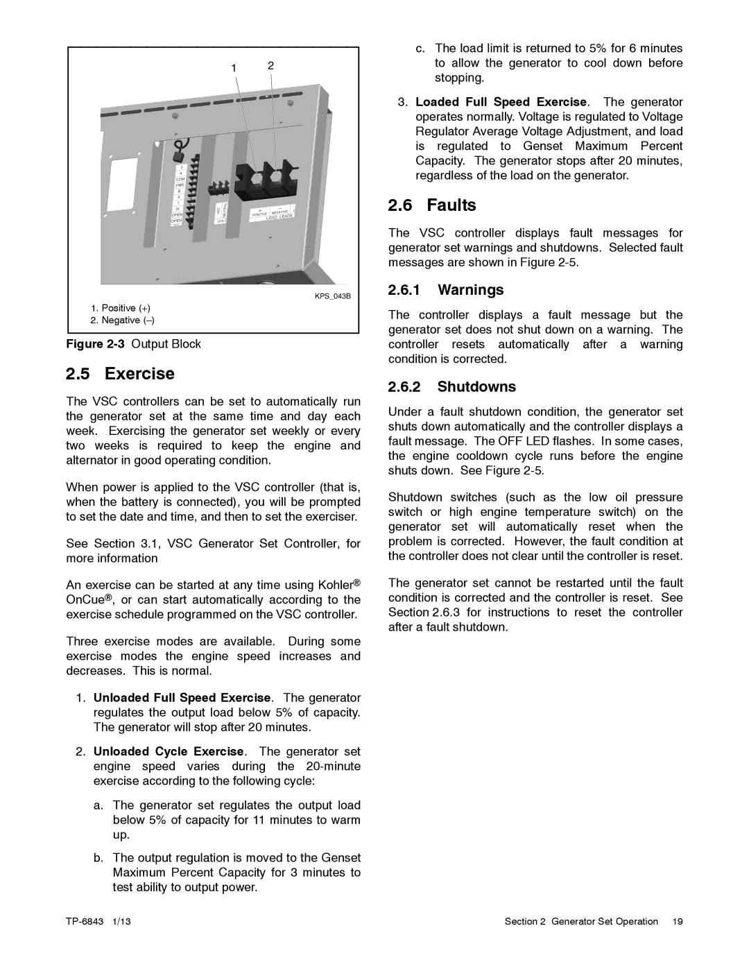 Kohler 48VDC, 6VSG, 24VDC, 36VDC manual Exercise, Faults, Shutdowns 