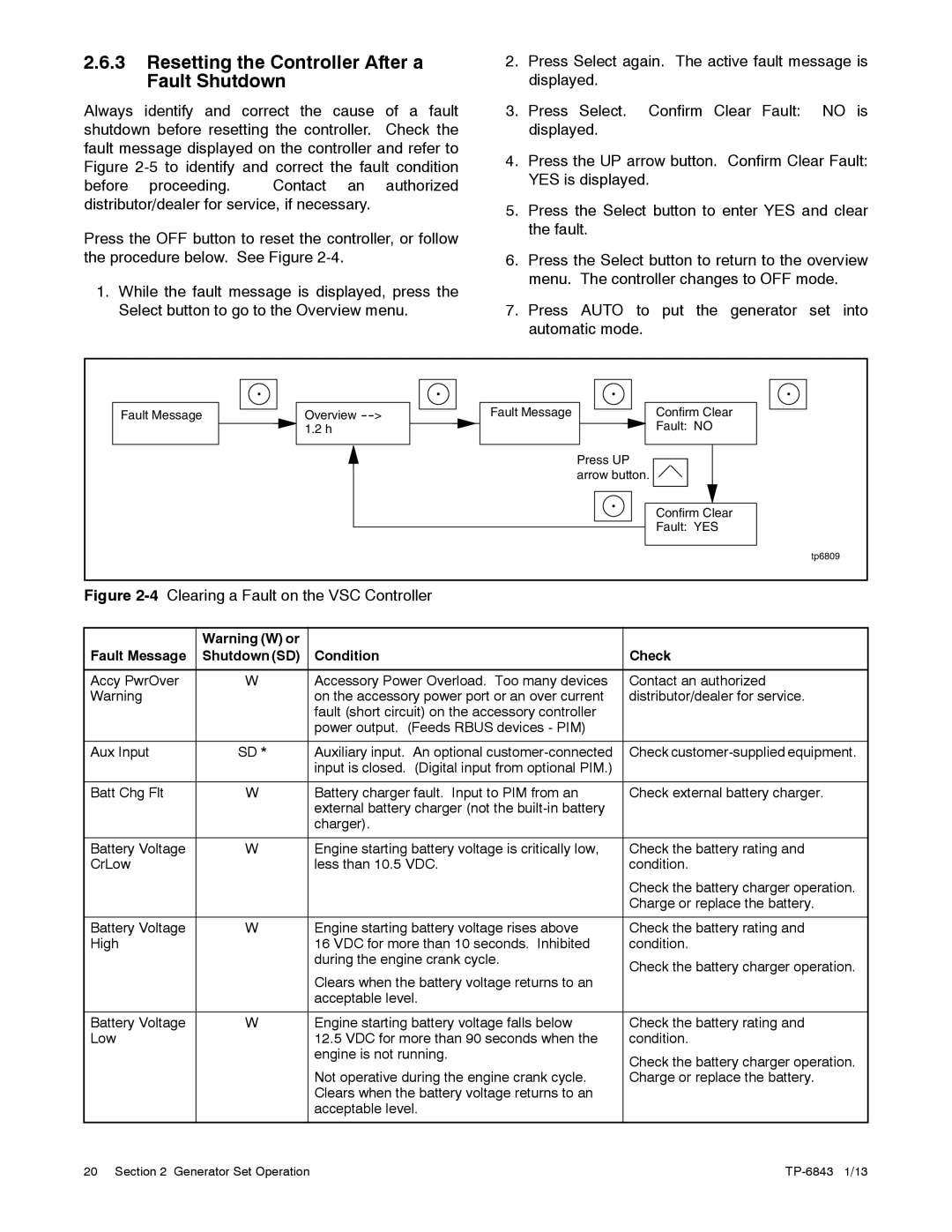 Kohler 6VSG, 24VDC, 36VDC, 48VDC Resetting the Controller After a Fault Shutdown, Fault Message ShutdownSD Condition Check 