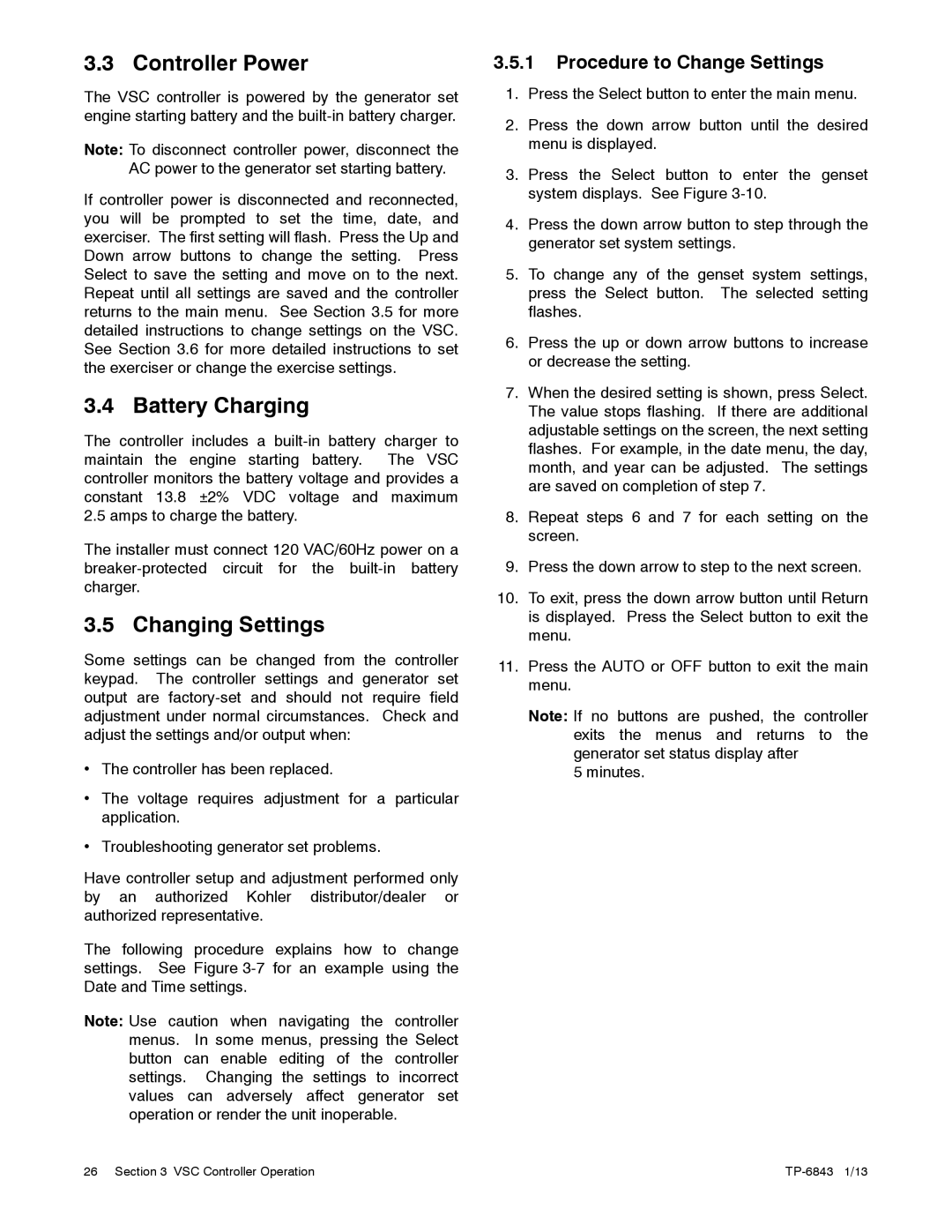 Kohler 36VDC, 6VSG, 24VDC, 48VDC manual Controller Power, Battery Charging, Changing Settings, Procedure to Change Settings 