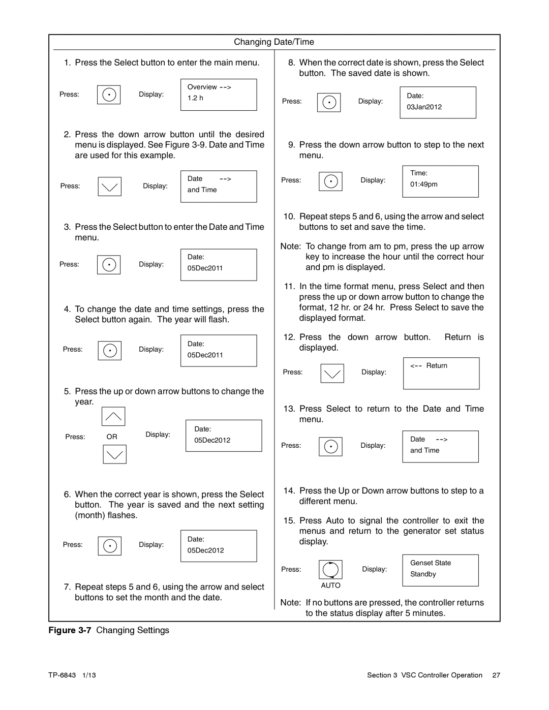 Kohler 48VDC, 6VSG, 24VDC, 36VDC manual 7Changing Settings 