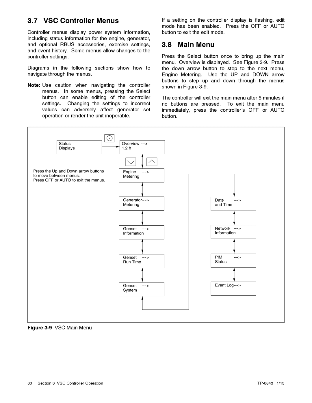 Kohler 36VDC, 6VSG, 24VDC, 48VDC manual VSC Controller Menus, Main Menu 