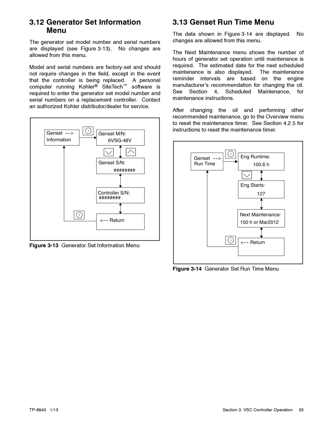 Kohler 24VDC, 6VSG, 36VDC, 48VDC manual Generator Set Information Menu, Genset Run Time Menu 