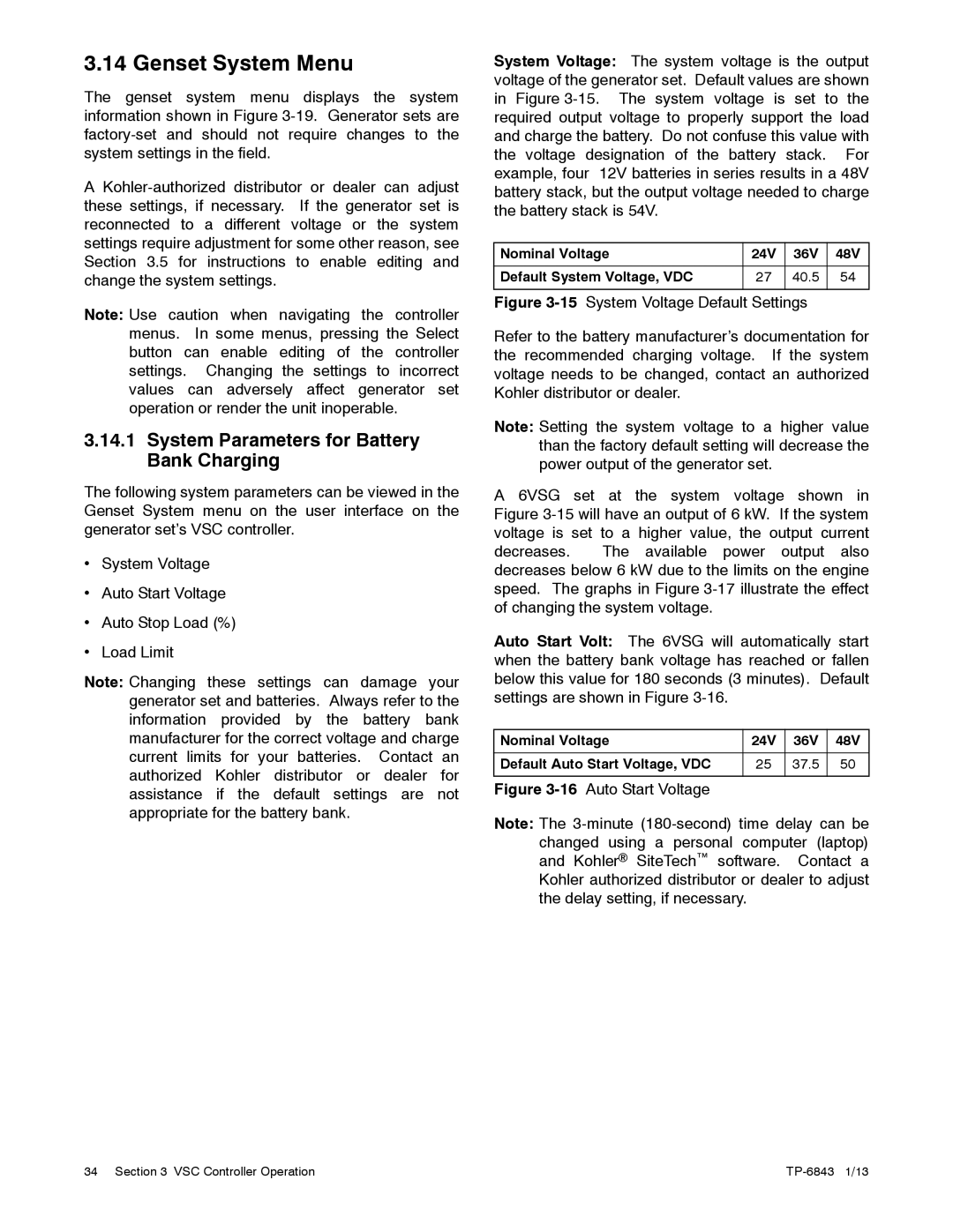 Kohler 36VDC, 6VSG, 24VDC, 48VDC manual Genset System Menu, System Parameters for Battery Bank Charging 