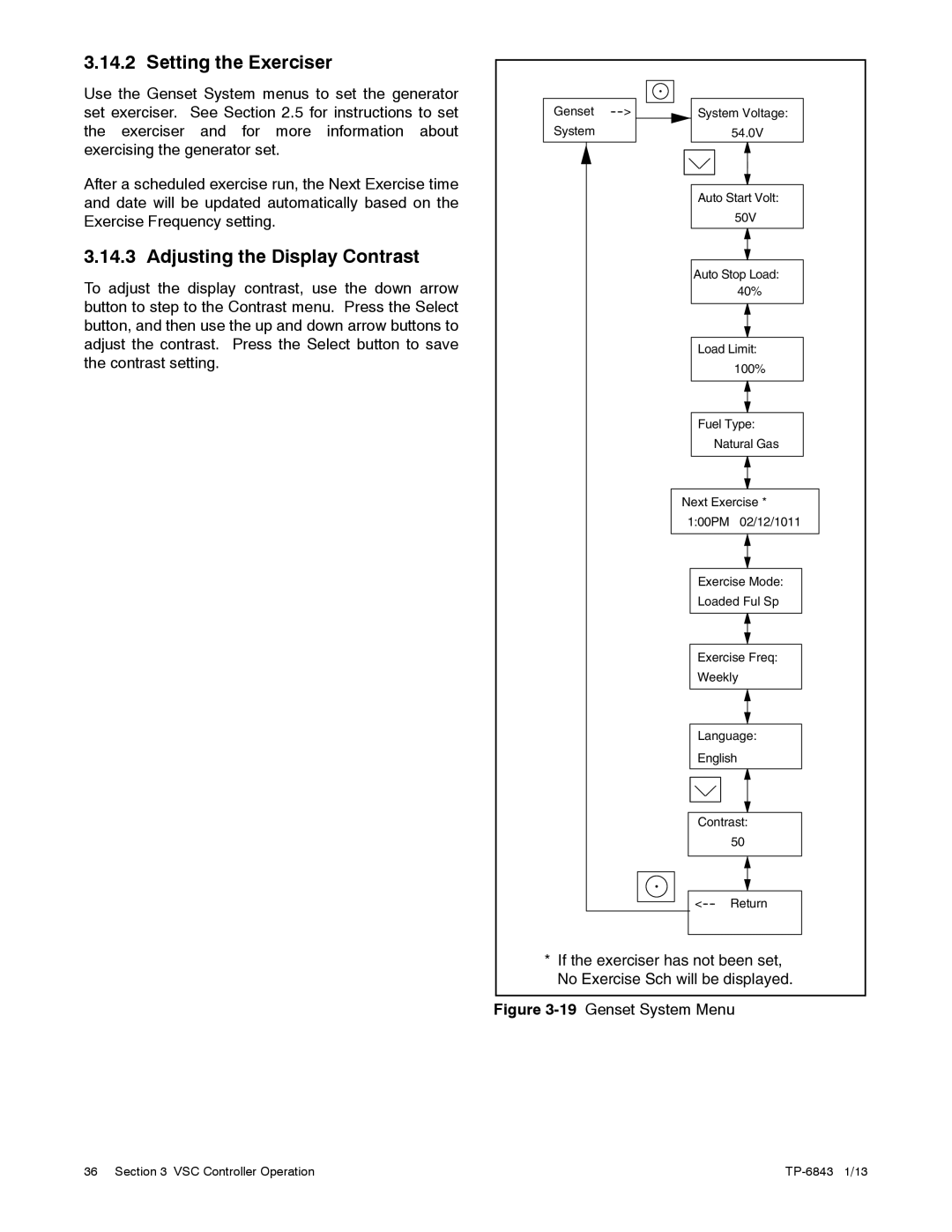 Kohler 6VSG, 24VDC, 36VDC, 48VDC manual Setting the Exerciser, Adjusting the Display Contrast 