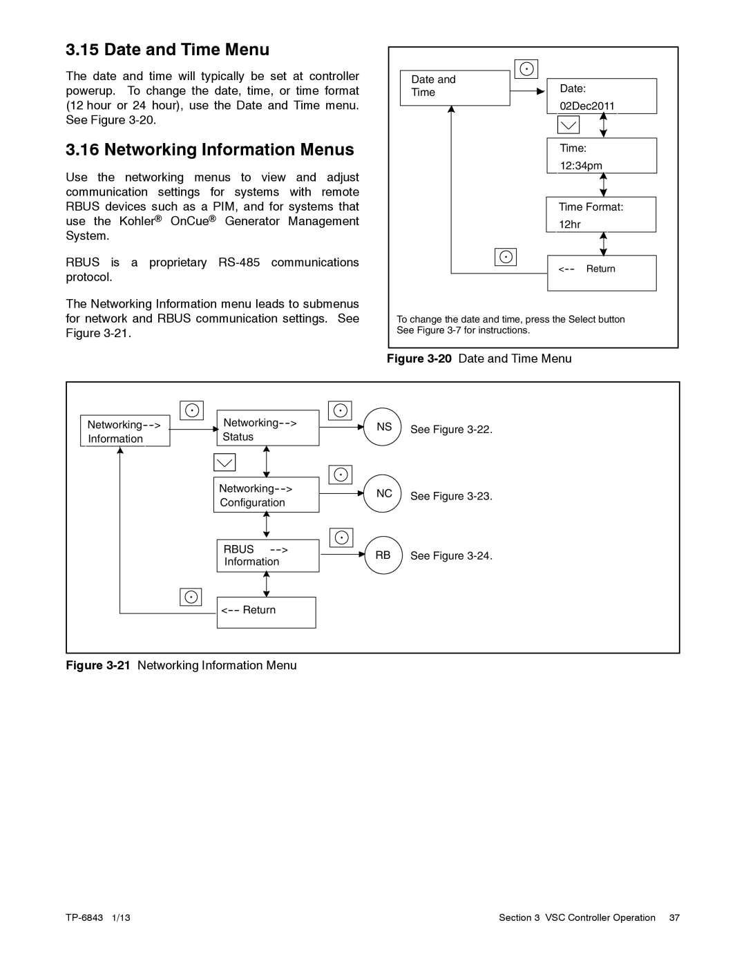 Kohler 24VDC, 6VSG, 36VDC, 48VDC manual Date and Time Menu, Networking Information Menus 