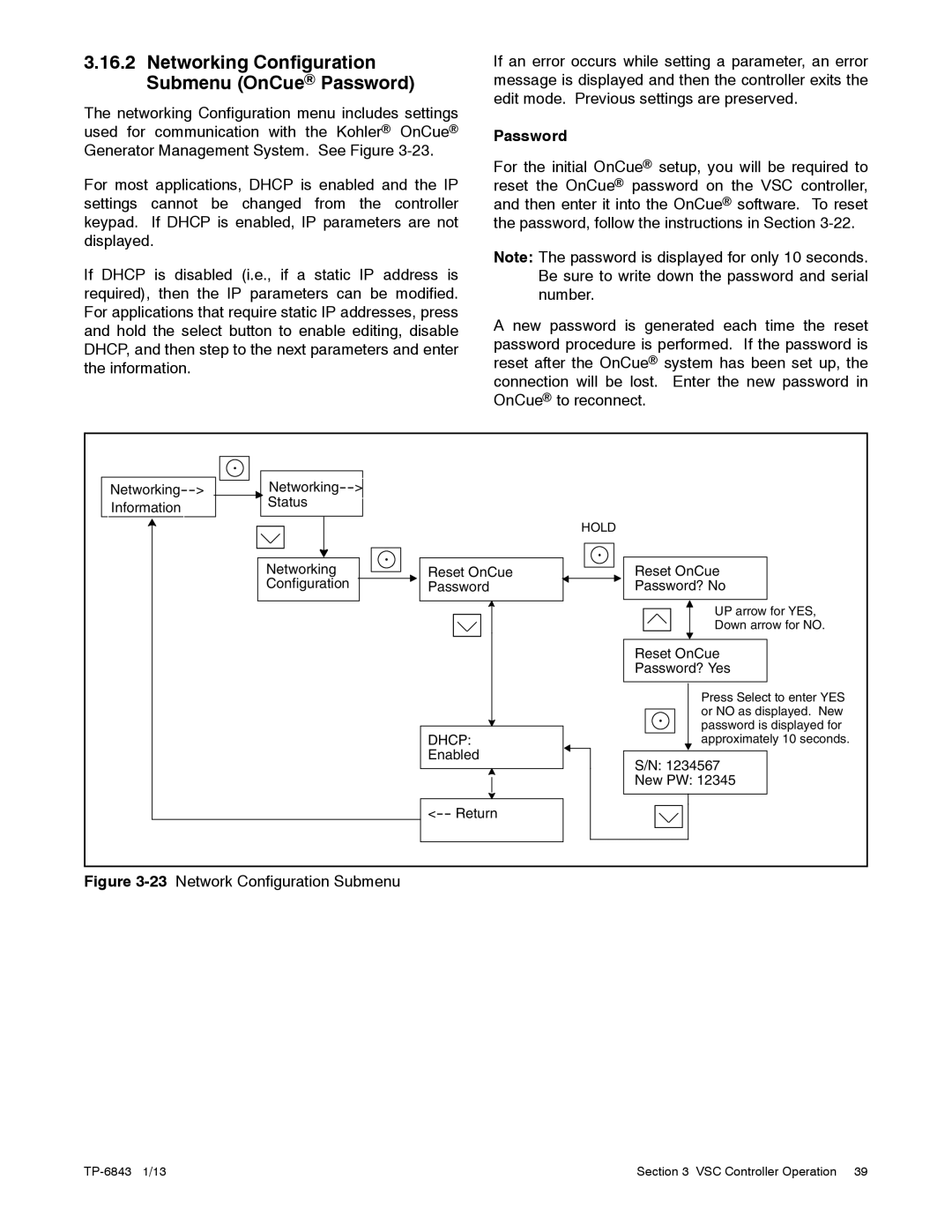 Kohler 48VDC, 6VSG, 24VDC, 36VDC manual Networking Configuration Submenu OnCue Password 