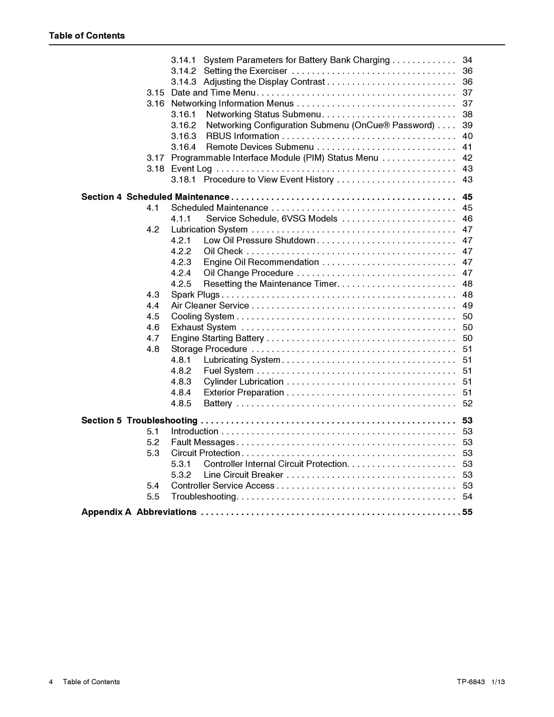 Kohler 6VSG, 24VDC, 36VDC, 48VDC manual Table of Contents, Scheduled Maintenance, Appendix a Abbreviations 