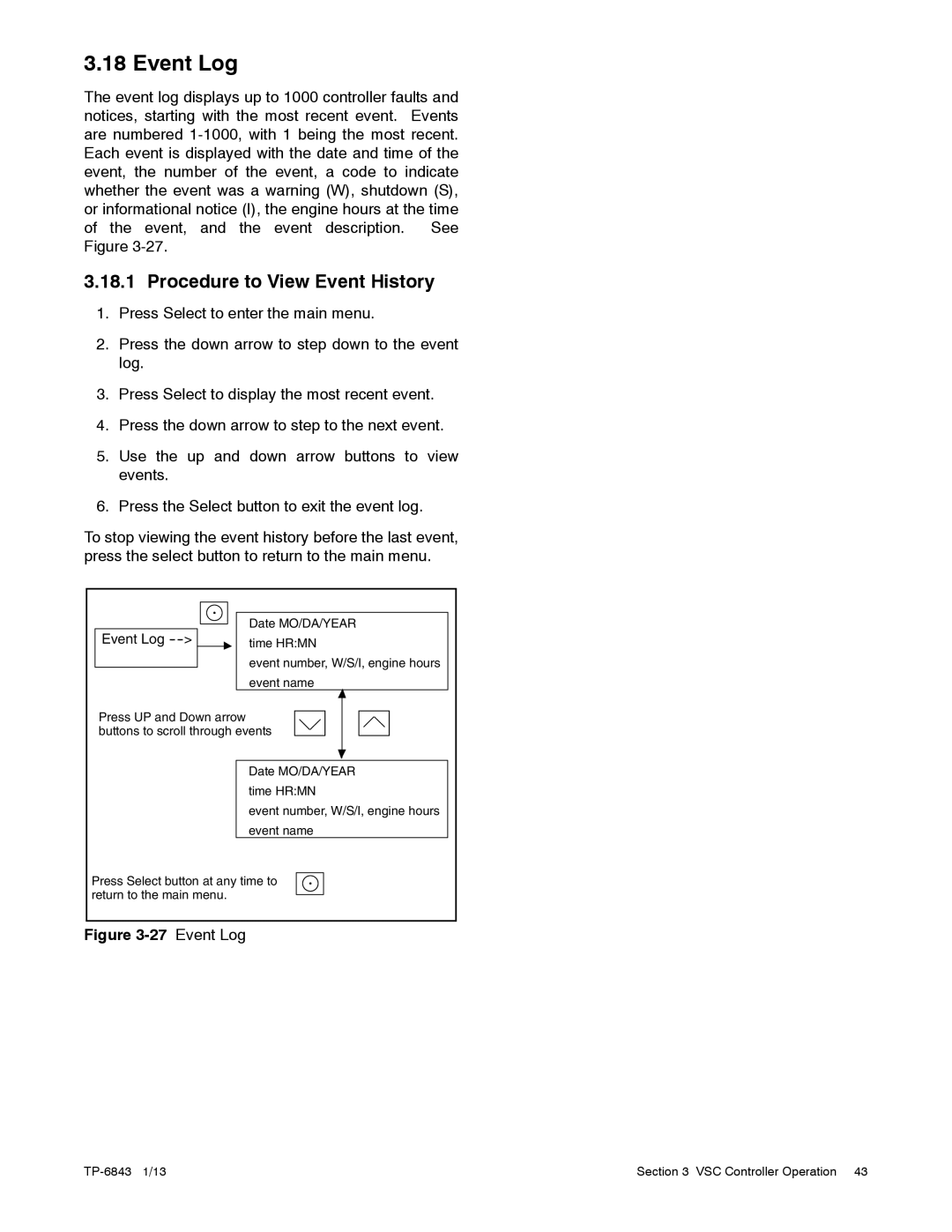 Kohler 48VDC, 6VSG, 24VDC, 36VDC manual Event Log, Procedure to View Event History 