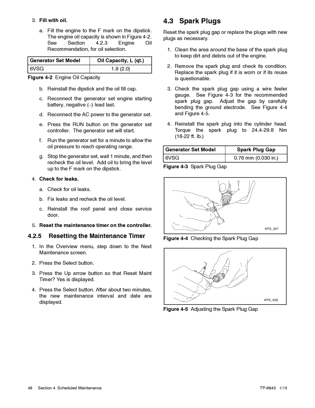 Kohler 6VSG, 24VDC, 36VDC, 48VDC manual Spark Plugs, Resetting the Maintenance Timer 