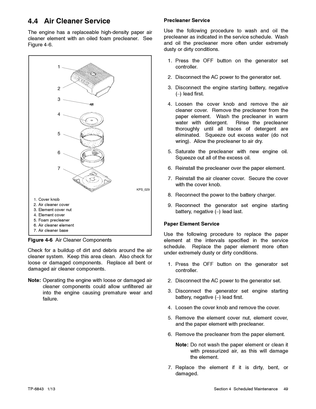 Kohler 24VDC, 6VSG, 36VDC, 48VDC manual Air Cleaner Service, Precleaner Service, Paper Element Service 