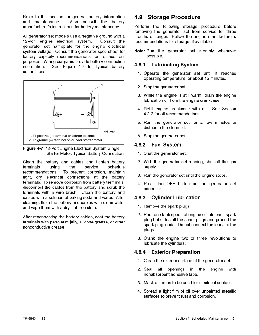 Kohler 48VDC, 6VSG, 24VDC Storage Procedure, Lubricating System, Fuel System, Cylinder Lubrication, Exterior Preparation 