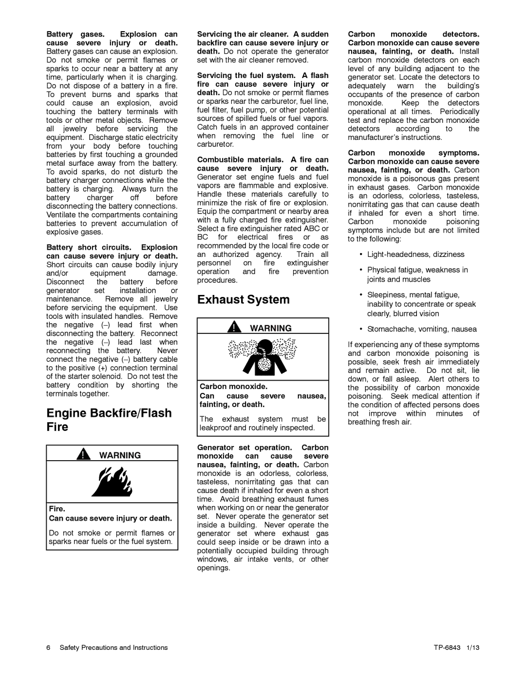 Kohler 36VDC, 6VSG, 24VDC, 48VDC manual Engine Backfire/Flash Fire, Exhaust System 