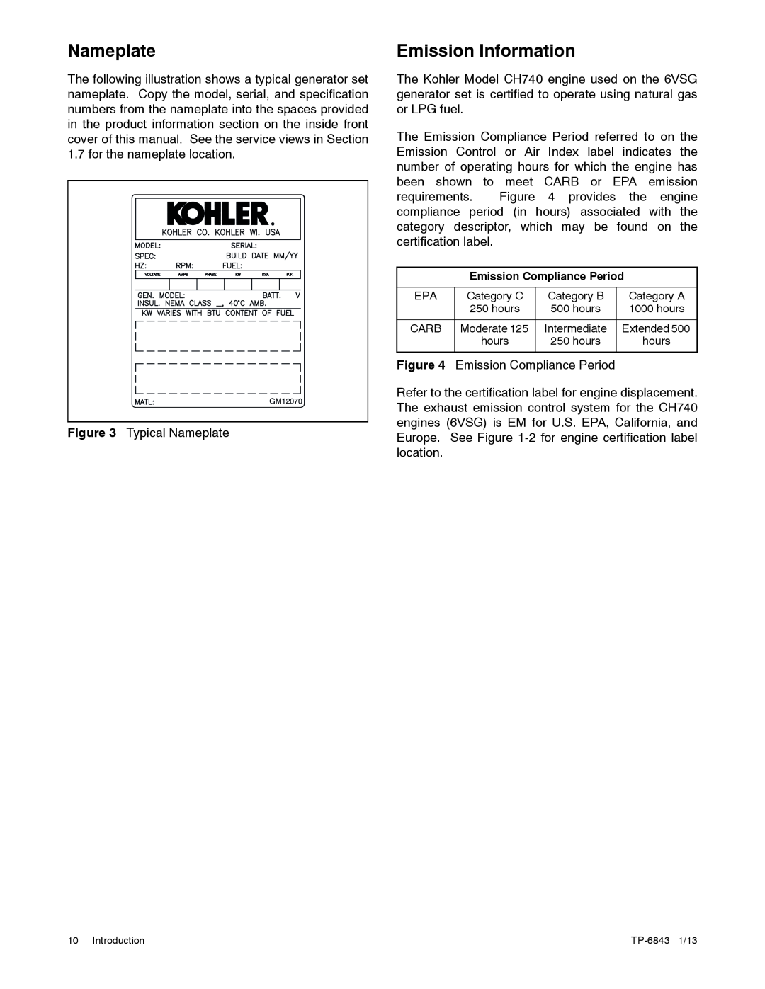 Kohler 36VDC, 6VSG, 24VDC, 48VDC manual Nameplate, Emission Information 