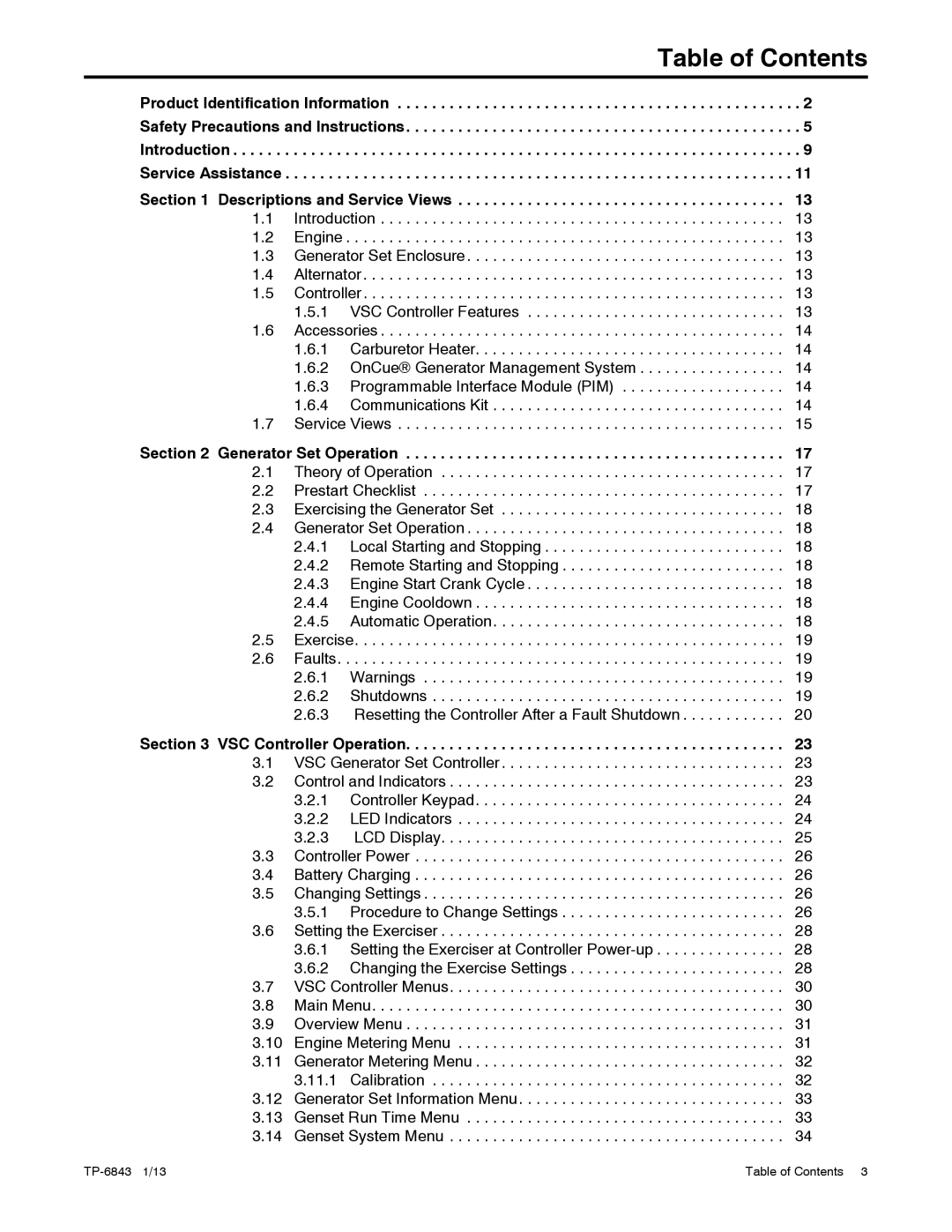 Kohler 48VDC, 6VSG, 24VDC, 36VDC manual Table of Contents 