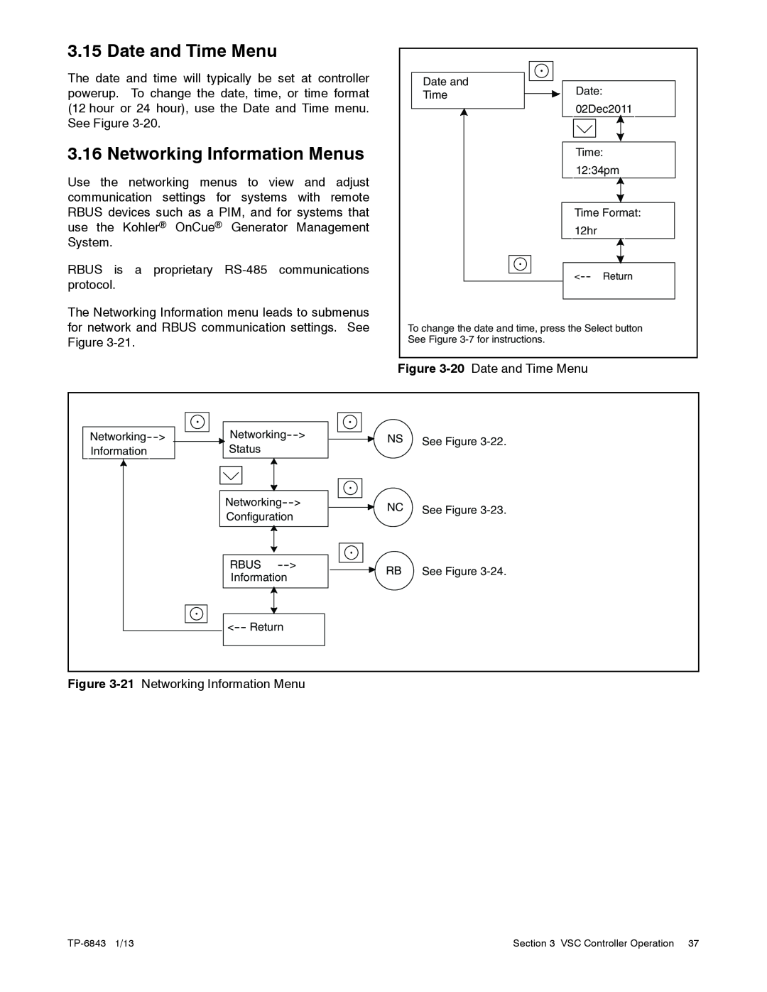 Kohler 24VDC, 6VSG, 36VDC, 48VDC manual Date and Time Menu, Networking Information Menus 