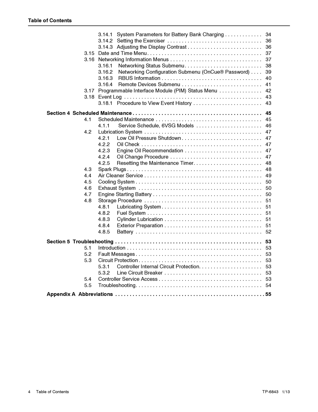 Kohler 6VSG, 24VDC, 36VDC, 48VDC manual Table of Contents 