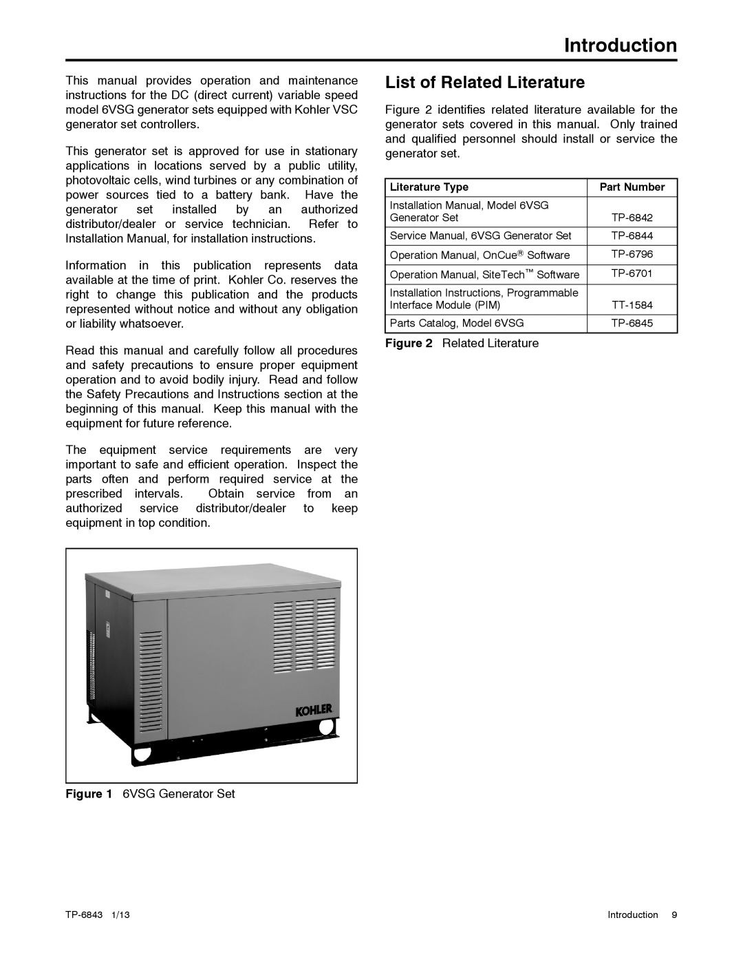 Kohler 24VDC, 6VSG, 36VDC, 48VDC manual Introduction, List of Related Literature 