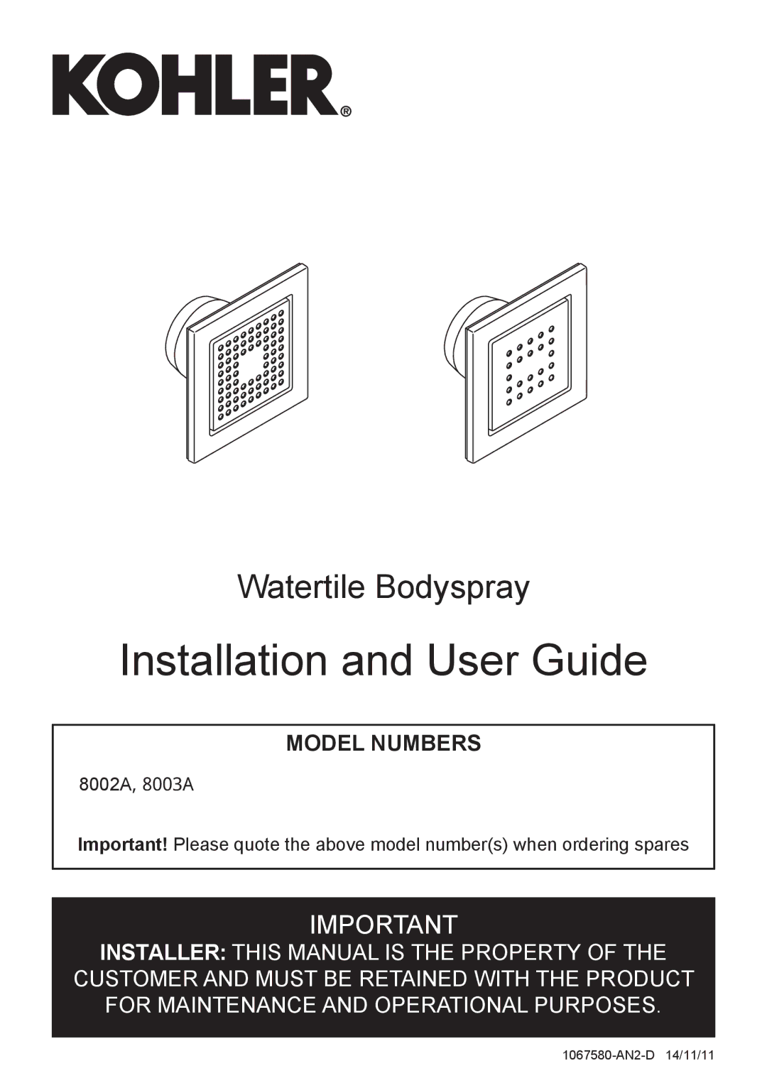 Kohler 8002A manual Installation and User Guide 